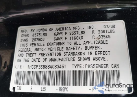 2008 Honda Accord 3.5 Ex-L z USA, uszkodzony, nr VIN 1HGCP36888A083451